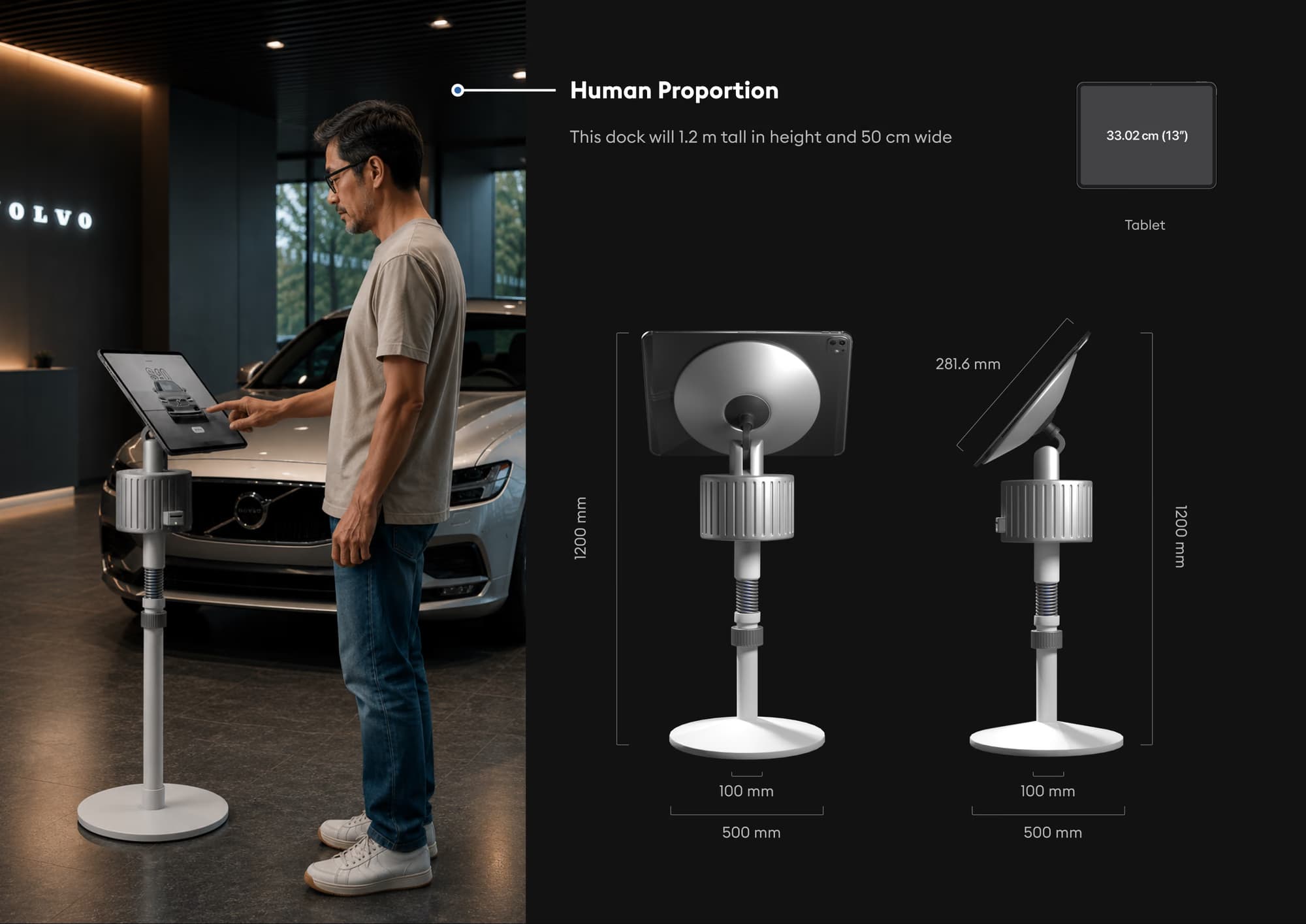 Human proportion study: the dock is 1.2m tall and 500mm wide, shown beside a standing person in a showroom.