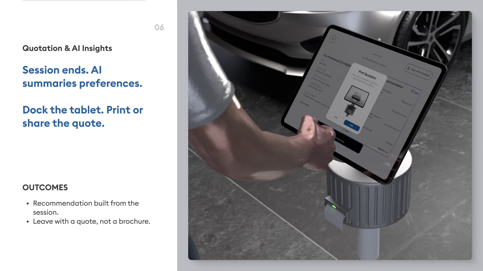 Storyboard 06: the tablet is docked and a personalised quotation and visit summary is printed.