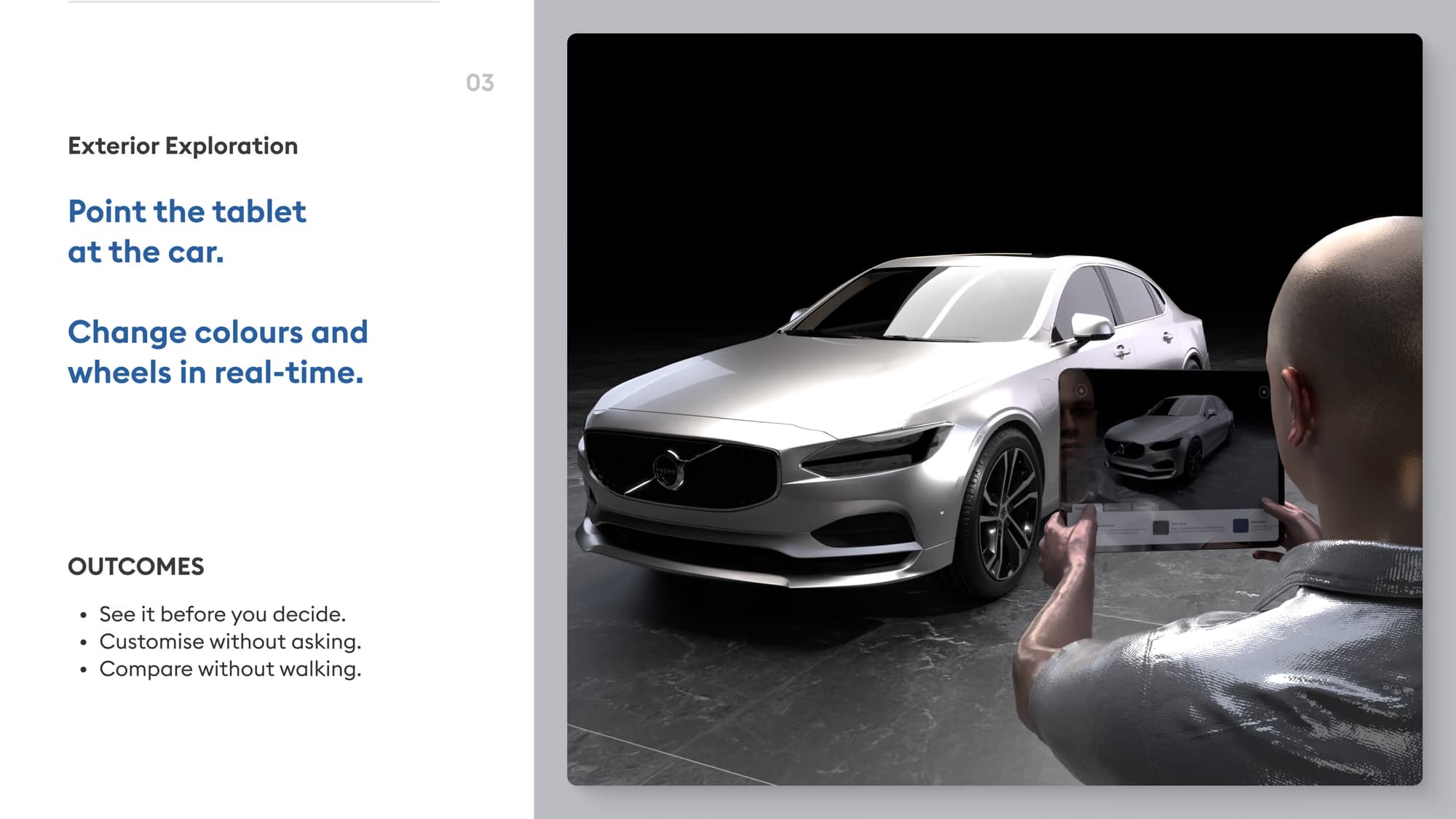 Storyboard 03: the buyer points the tablet at the car and changes colours and wheels in real time.