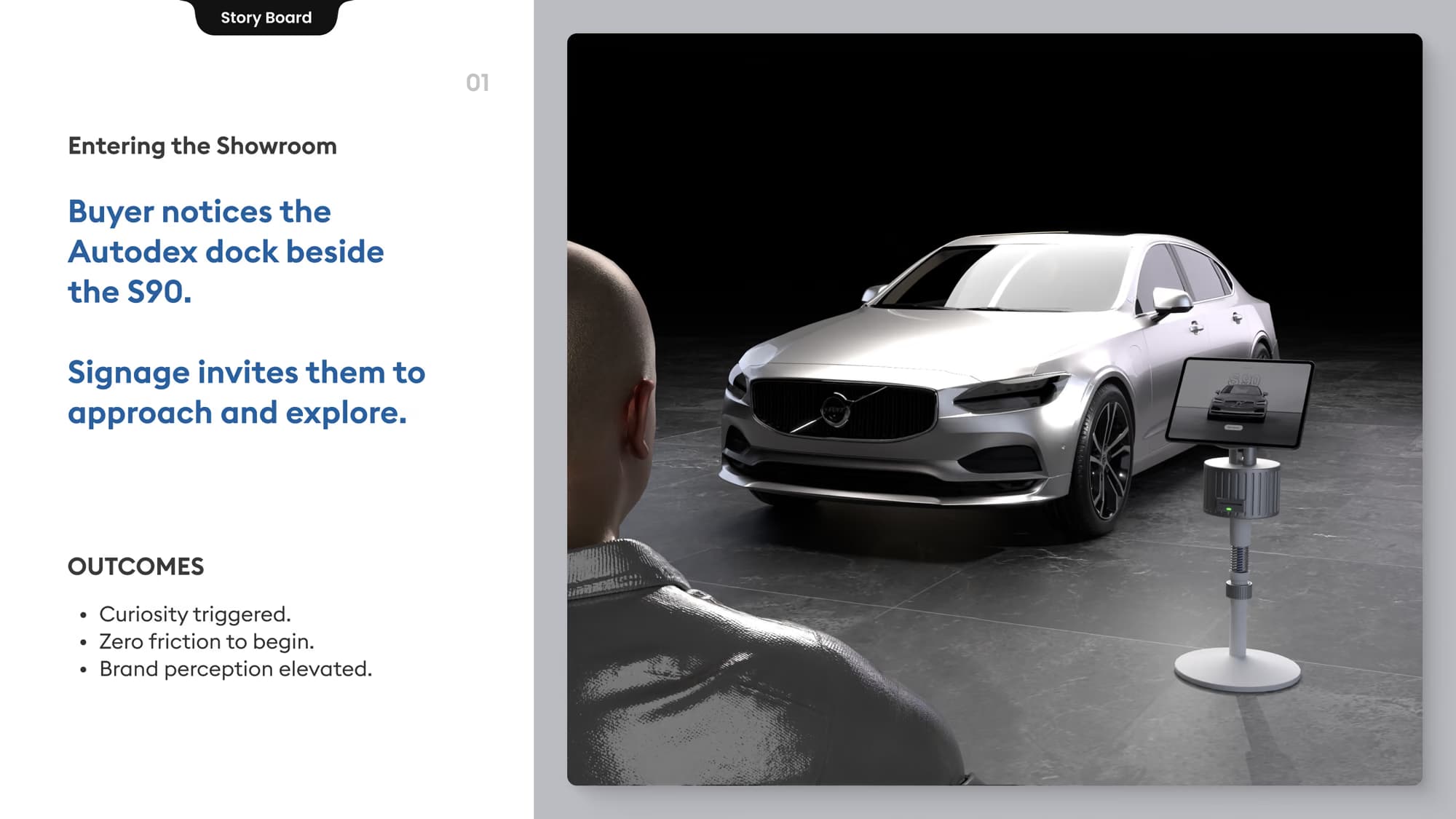 Storyboard 01: a buyer notices the Autodex dock beside the Volvo S90 in the showroom.