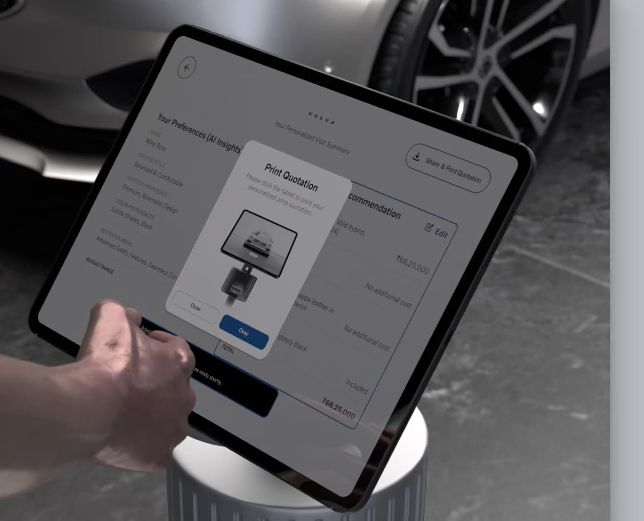The quotation screen: a personalised visit summary with AI-derived preferences, a recommendation, and a print quotation dialog.