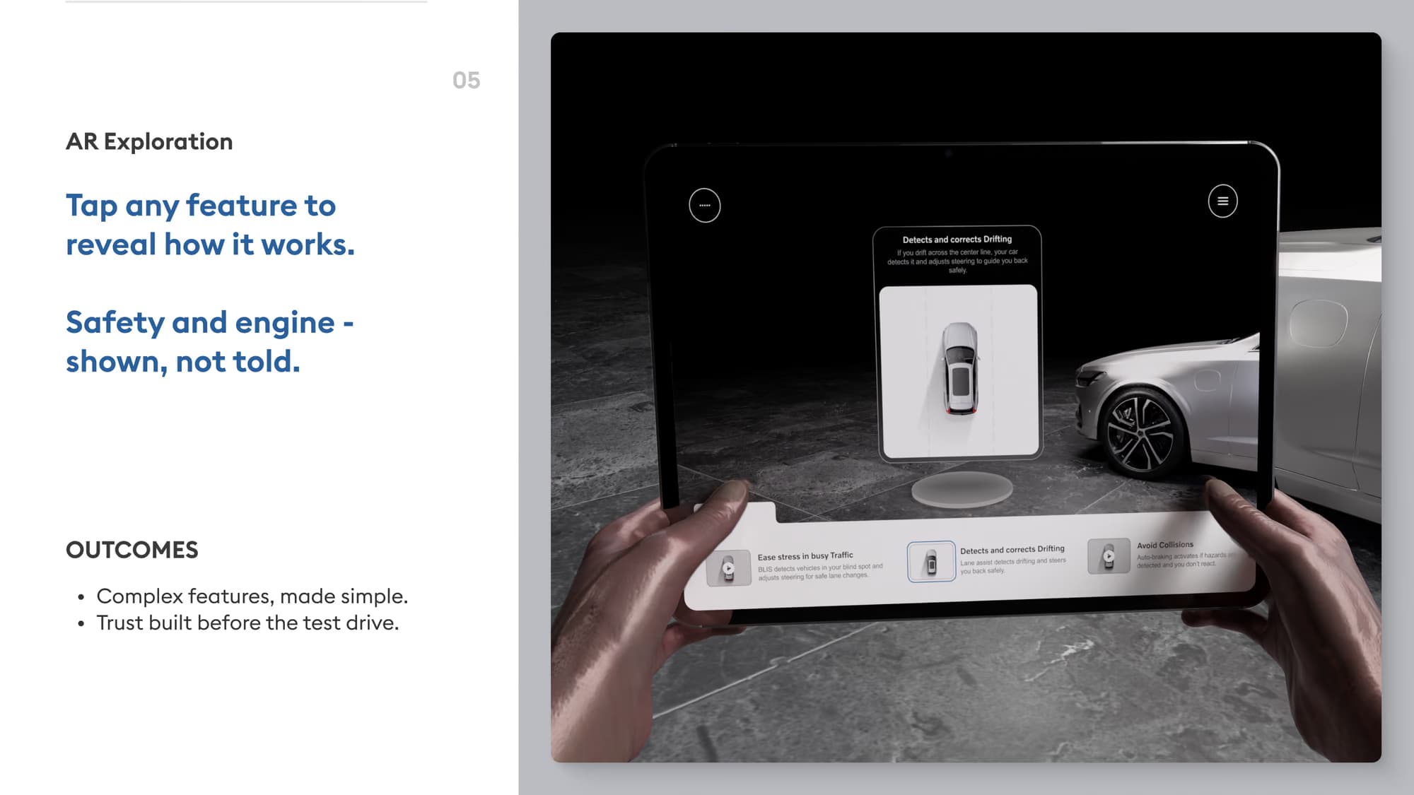 Storyboard 05: tapping a safety feature reveals an animated explanation of how lane assist works.