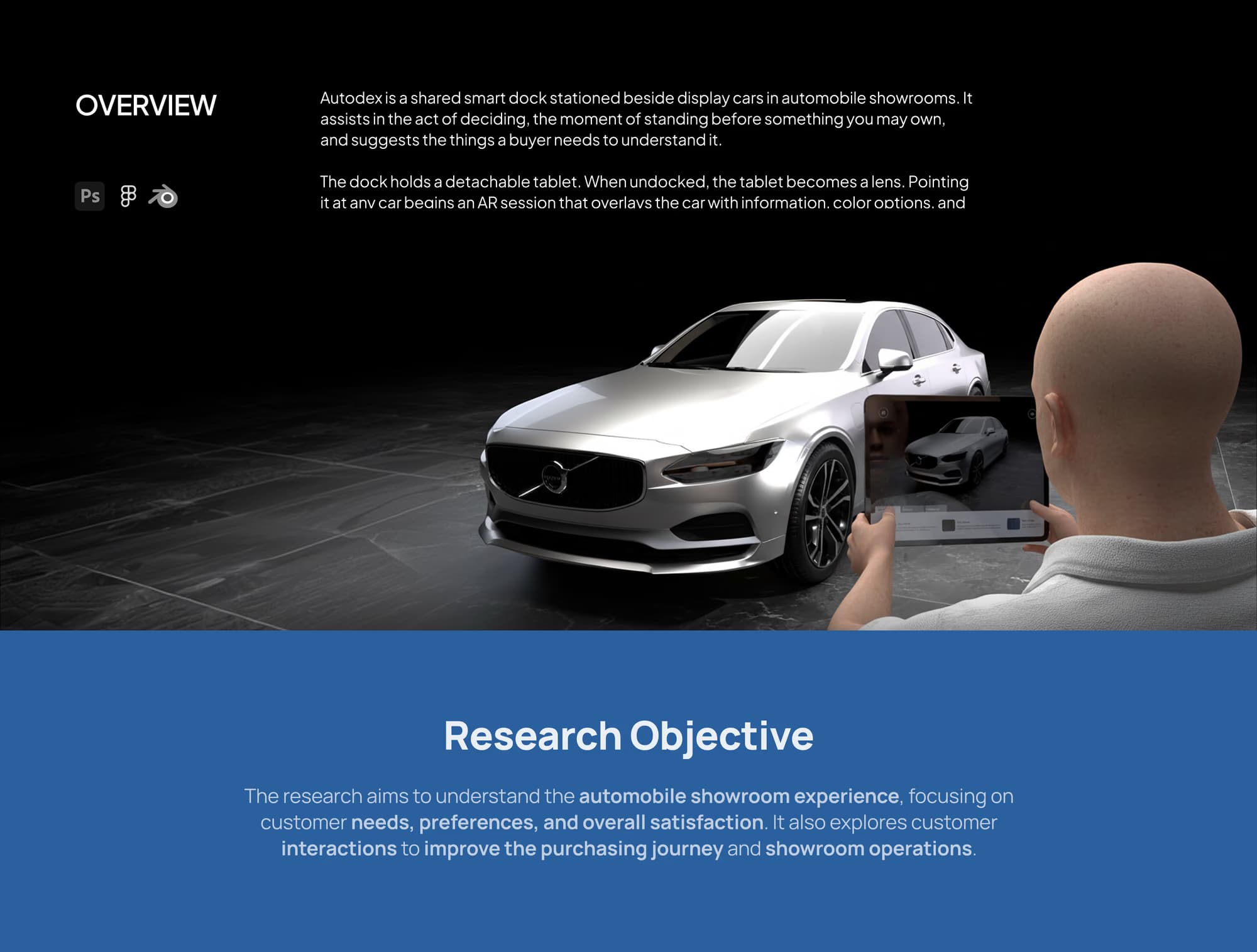 A buyer holds the detached tablet up to a Volvo S90 with the AR interface overlaid on the car.