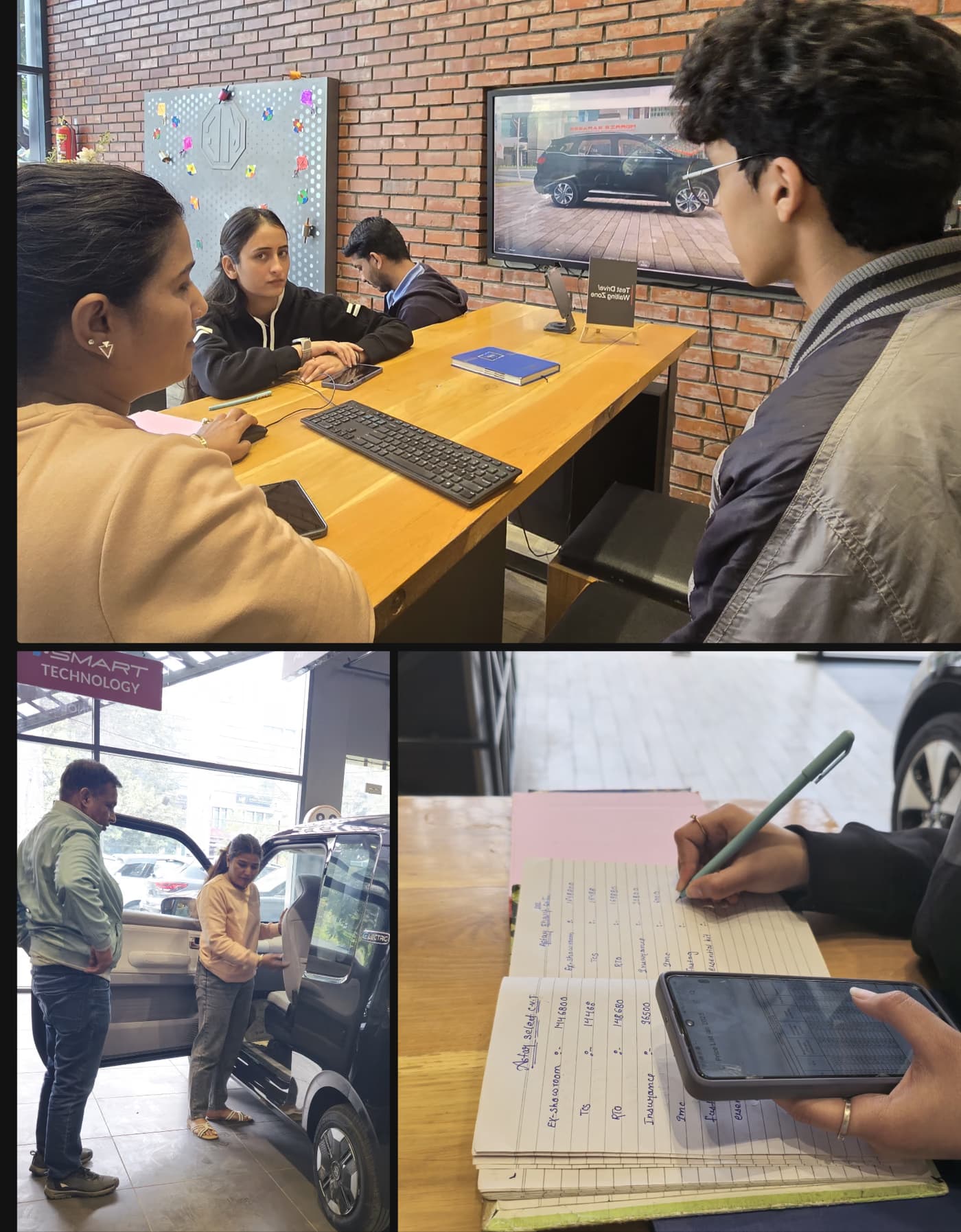 Field research photographs from the showroom visits: a customer at a sales desk, a couple inspecting a car interior, and hand-written price notes.