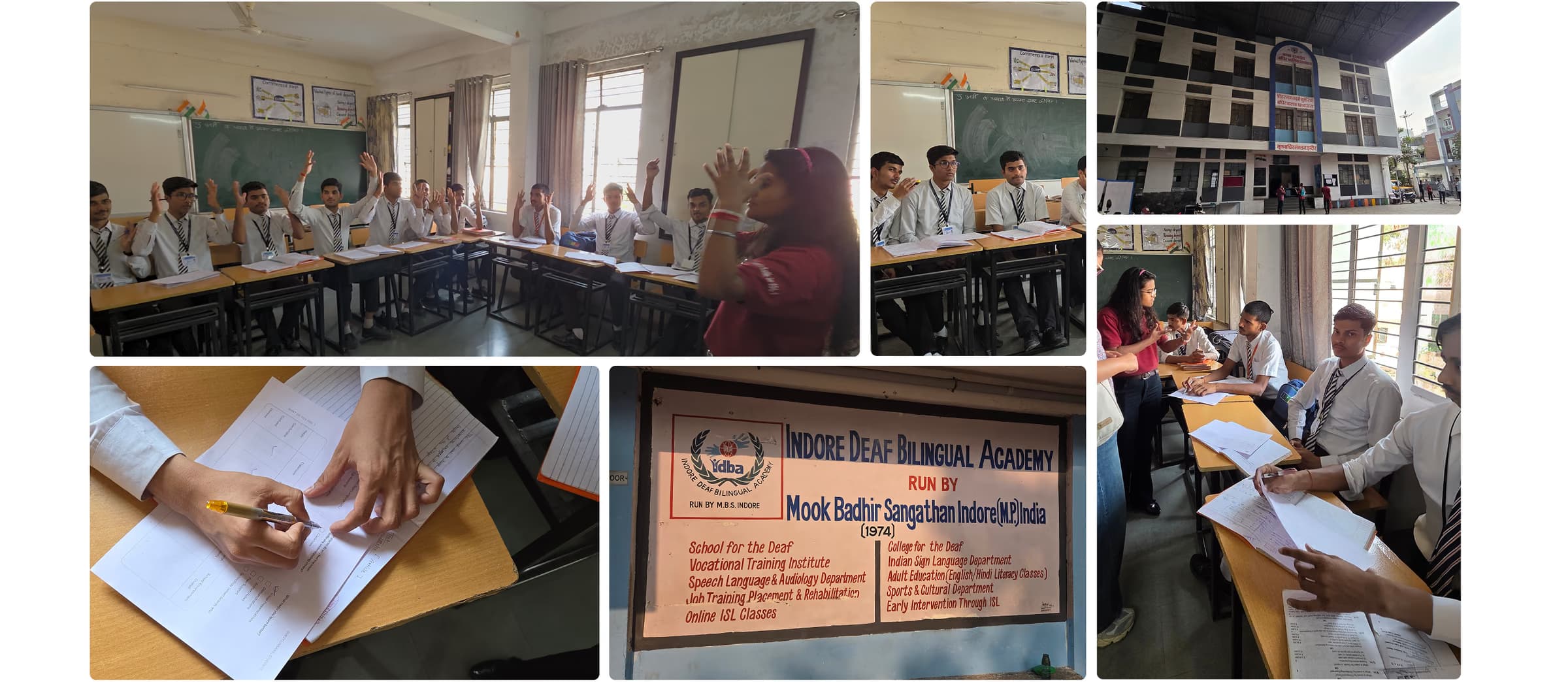 Field research at the Indore Deaf Bilingual Academy: a classroom session with students signing, the academy building, written exercises during interviews, and small-group conversations with students and staff.